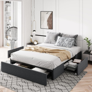 Allewie Full Size Platform Bed Frame with 3 Storage Drawers, Fabric Upholstered, Wood Slat Support, No Box Spring Required, No Noise, Easy to Assemble, Dark Gray