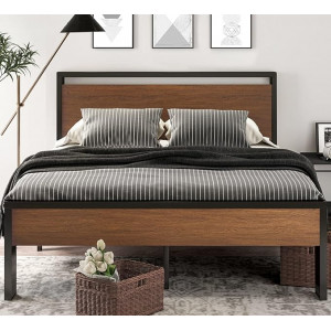 SHA CERLIN 14" Full Size Metal Platform Bed Frame with Wood Headboard and Footboard, Mattress Foundation, No Box Spring Required, Large Under Bed Storage, Non-Slip and Noiseless, Walnut