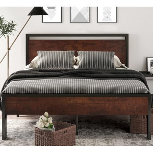 SHA CERLIN 14" Full Size Metal Platform Bed Frame with Wood Headboard and Footboard, Mattress Foundation, No Box Spring Required, Large Under Bed Storage, Non-Slip and Noiseless, Walnut