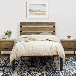 SHA CERLIN Rustic Style Platform Bed Frame Single Size with Wooden Headboard, Sturdy Metal Slat Supports, Easy to Assemble, Light Brown