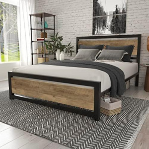 Full Size Metal Platform Bed Frame with Wooden Headboard/Heavy Duty Bed Frame