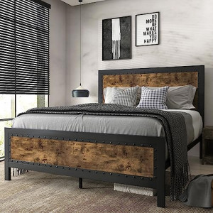 Grey Metal Bed Frame Queen/Industrial Wooden Platform Bed