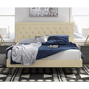 King Size Platform Bed Frame with Upholstered Headboard and Wood Slats