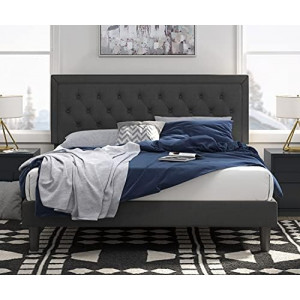 King Platform Bed Frame with Upholstered Headboard and Wood Slats