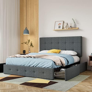 Upholstered Full Size Platform Bed Frame with Adjustable Headboard and 4 Drawers