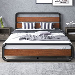 Full Size Metal Bed Frame with Wooden Headboard and Footboard