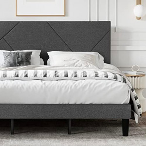 King Size Upholstered Bed Frame with Geometric Headboard
