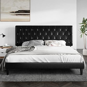 King Size Platform Bed Frame with Button Tufted Headboard