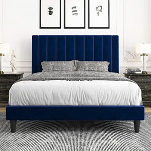 Full Platform Bed Frame/Velvet Upholstered Bed Frame with Vertical Channel Tufted Headboard