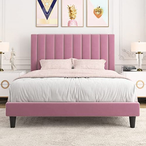  Full Bed Frame/Velvet Upholstered Bed Frame with Vertical Channel Tufted Headboard