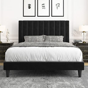 Full Bed Frame/Velvet Upholstered Bed Frame with Vertical Channel Tufted Headboard
