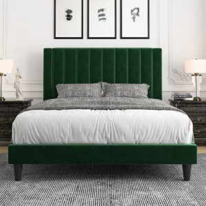 Full Bed Frame/Velvet Upholstered Bed Frame with Vertical Channel Tufted Headboard