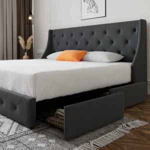 Queen Platform Upholstered Bed Frame with 4 Storage