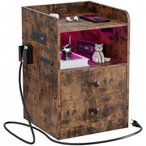  Nightstand, Beside Table with Charging Station and LED Lights