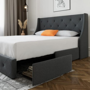 Upholstered Full Size Platform Bed Frame with 4 Storage Drawers