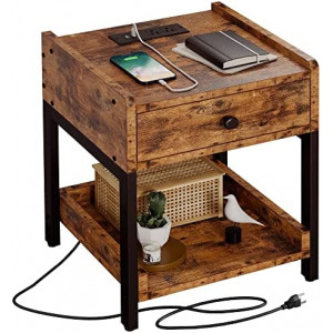 Nightstand, Bedside Table with Charging Station