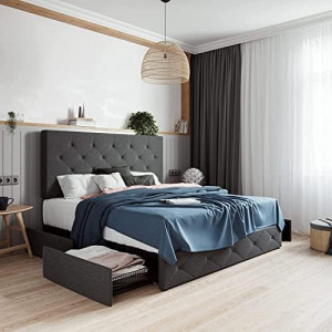 Upholstered King Platform Bed Frame with Adjustable Headboard and 4 Drawers