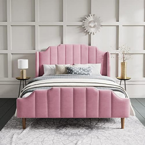 Upholstered Queen Size Bed Frame with Modern Curved Velvet Wingback Headboard
