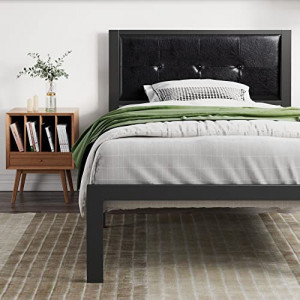 Faux Leather Platform Bed Frame with Metal Slats