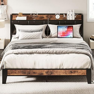  Queen Bed Frame, Storage Headboard with Charging Station