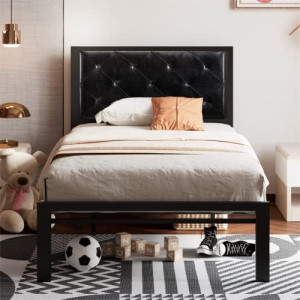 Twin Size Metal Platform Bed Frame with Faux Leather