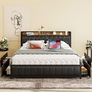Queen Bed Frame with Storage Drawers Headboard & Footboard