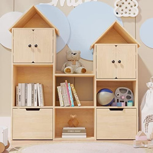 Wooden Kids Bookshelf with Toy Box