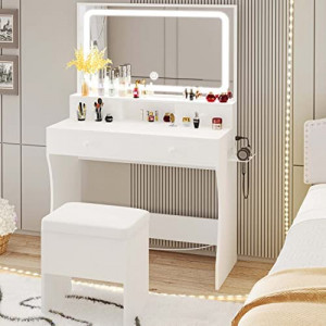 Vanity Desk with LED Lighted Mirror & Power Outlet & 4 Drawers