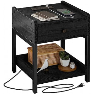 Nightstand, Bedside Table with Charging Station
