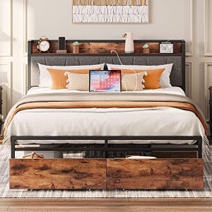 Queen Bed Frame, Storage Headboard with Charging Station