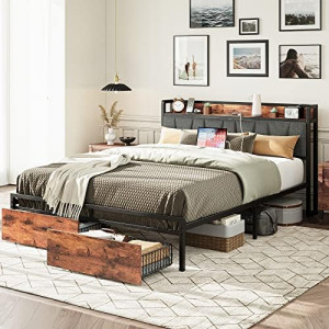 Full Size Bed Frame, Storage Headboard with Charging Station