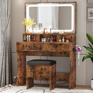Vanity Desk with LED Lighted Mirror & Power Outlet & 4 Drawers