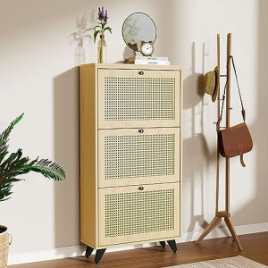 Rattan Narrow Shoe Cabinet with 3 FILP Drawers
