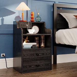 Black Nightstand with Charging Station 2 Drawers and Storage Shelves