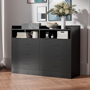 Black 6 Drawer Double Dresser with Open Shelves